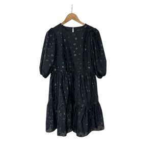 Ann Taylor Party Tiered Dress Black Metallic Polka Dot XS